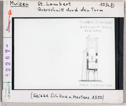 Vorschaubild Muizen: St. Lambertus, Querschnitt durch den Turm (Skizze Schöne nach Mertens, 1950) 